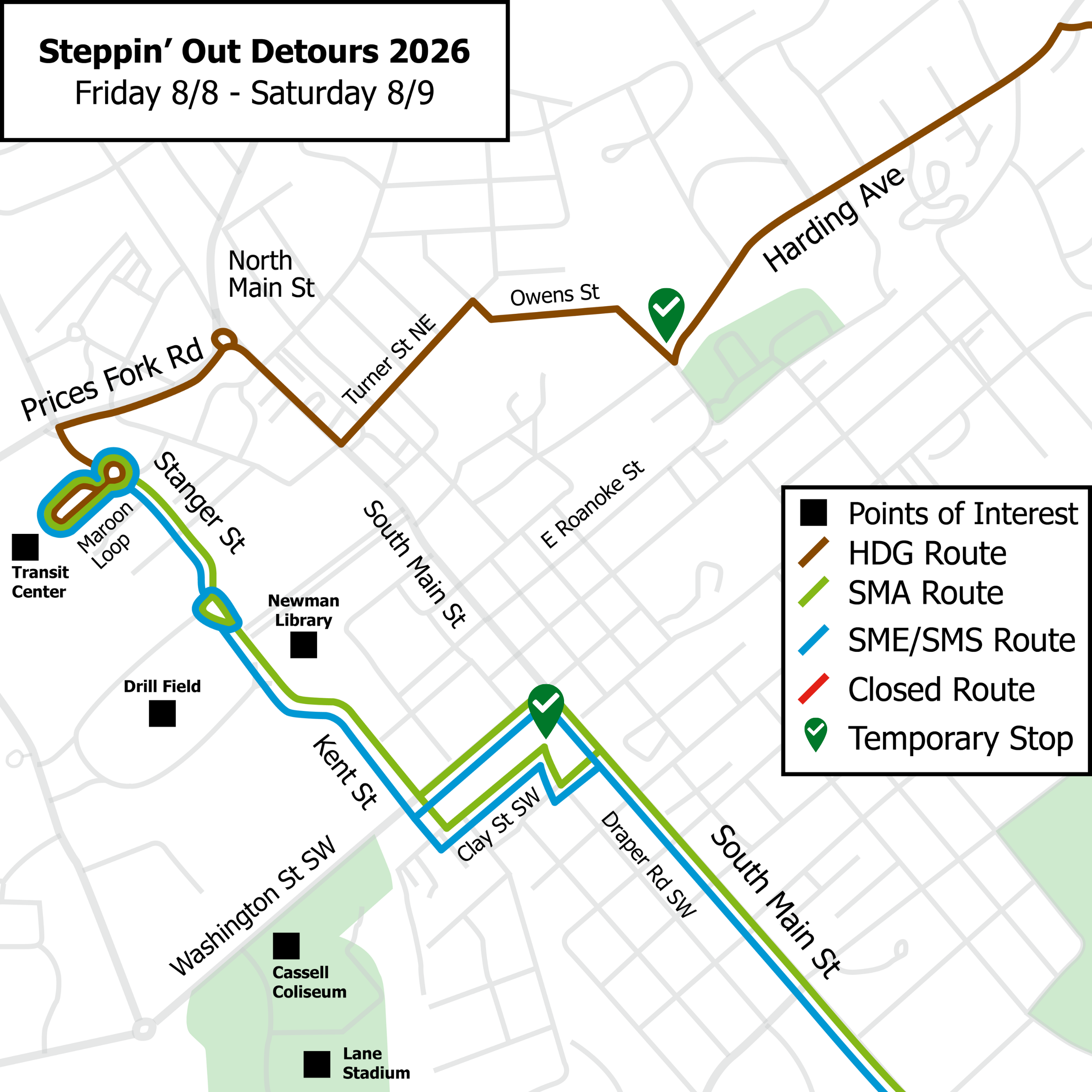 Map of Downtown Blacksburg showing detours for the Steppin' Out festival.