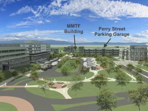 Multi-Modal Transit Facility View looking west with the east bus loop in foreground.